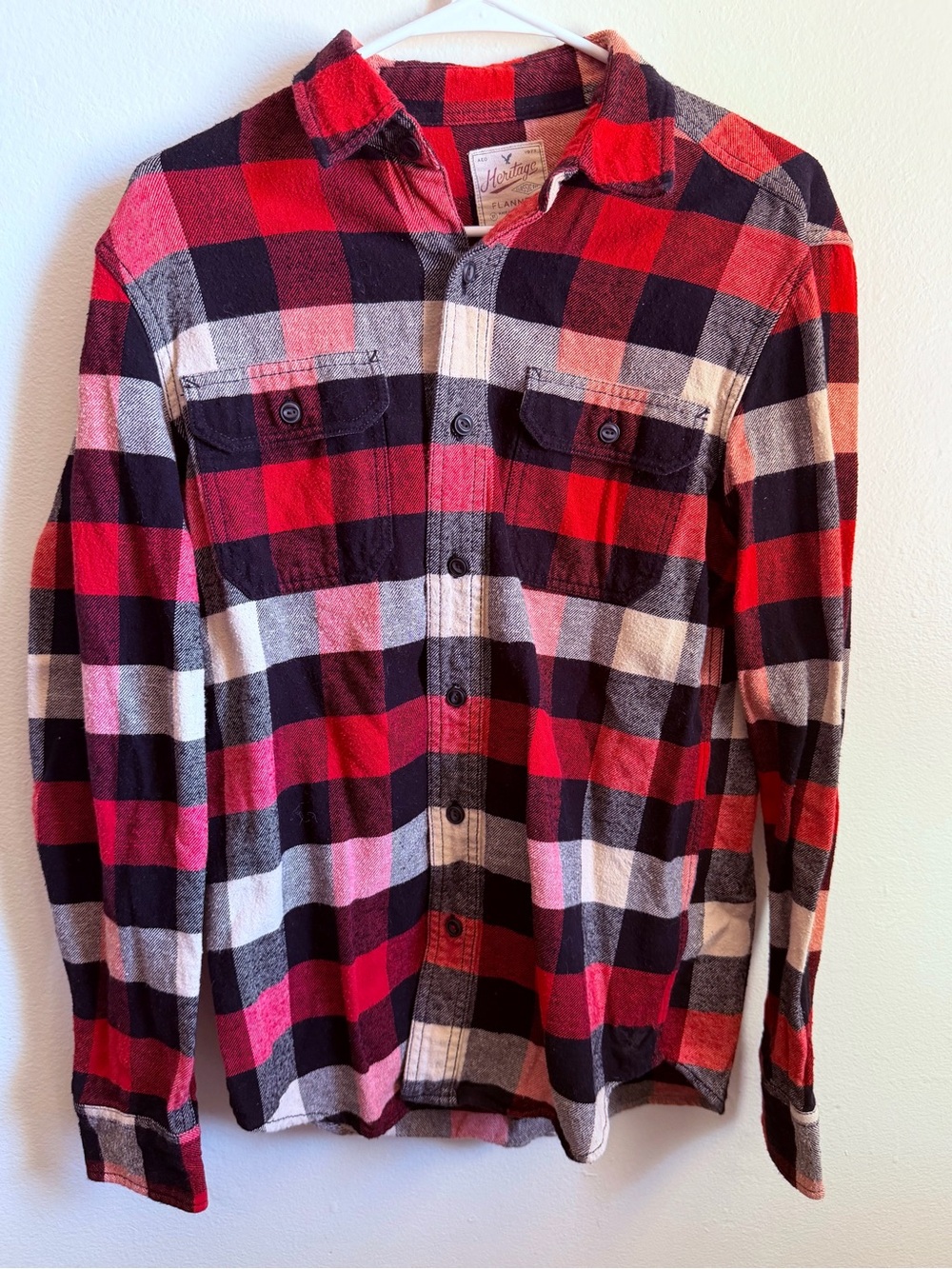 American Eagle Outfitters Red, Black & White Plaid Button-Down Shirt